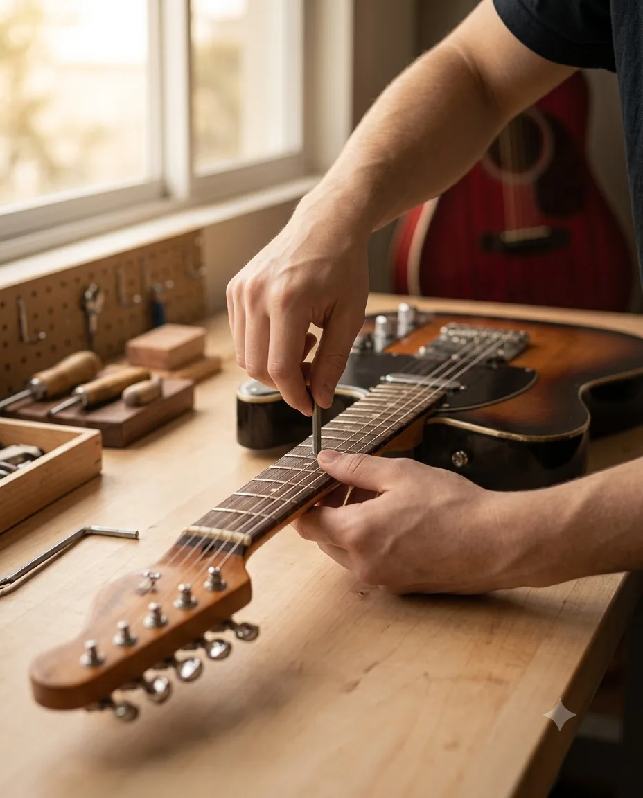 Luthier ajustando el diapasón de una guitarra eléctrica en el taller